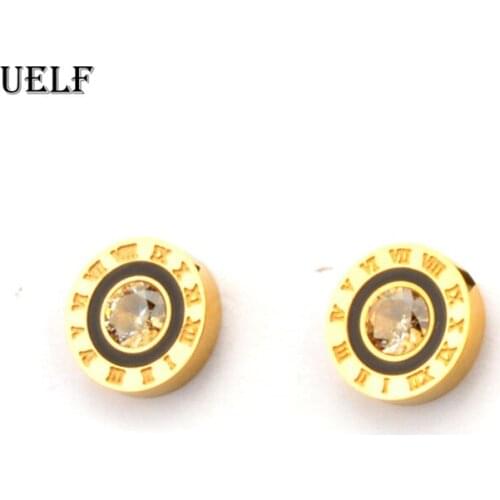 Uelf 316 Stainless Steel Round Shine AAA CZ 15MM Diameter Roman Numeral Stud Earrings For Women High Quality Brand Jewelry