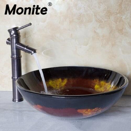 Hand-Painting Round Counter Top Bathroom Art Washbasin Tempered Glass Vessel Sink With Antique Copper Solid Brass Faucet Sets