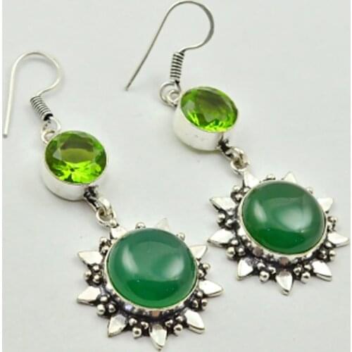 Green Onyx & Peridots , Silver Overlay on Copper Earrings, 57 mm , E2730