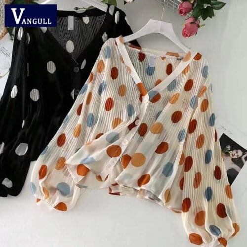 Vangull Dot Printted V-Neck Women Shirt 2021 Summer New Casual Pleated Puff Sleeve Female Blouse Single Breasted Chiffon Shirts