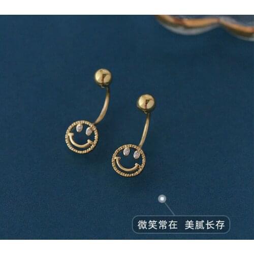 XCC14 Real 925 Sterling Silver Cute Smile Face Earrings Simple Screw Stud Earring for Women Girls