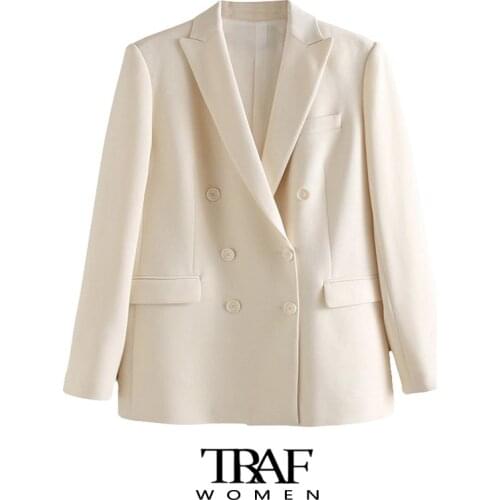 TRAF Za Women Fashion Office Wear Double Breasted Blazer Coat Vintage Long Sleeve Pockets Female Outerwear Chic Tops