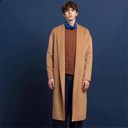 Winter Mens Woolen Coat 2021 England Style Casual Solid Thick Plus Belt V-Neck Coat Formal