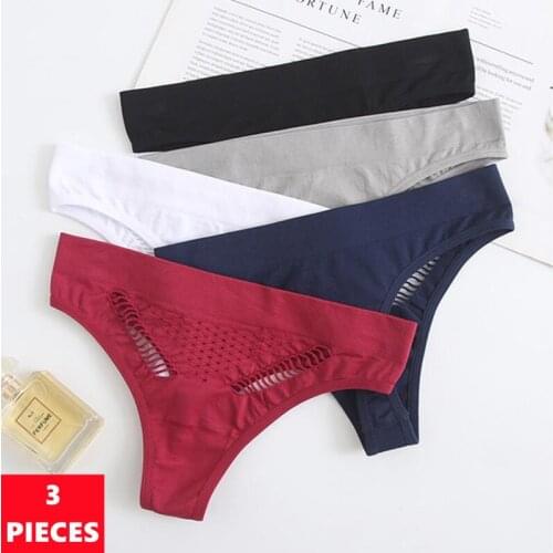 3Pcs/Set Sexy Womens Briefs Underwear Seamless Mesh G-String Thong Breathable Female Lingerie Solid Color Cotton Underpants