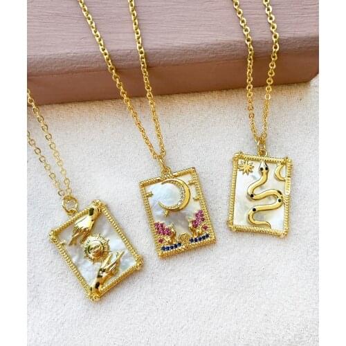 5PCS, Elegant Crystal Zirconia Shell Rectangle Pendants Necklaces For Women Gold Curb Chain Vintage Necklace Collier DIY Jewelry