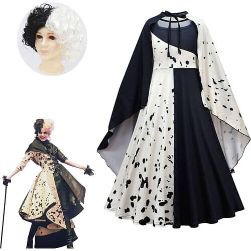 Children Cruella Cosplay Costume Dress Outfits With Wig Long Cloak Halloween Carnival Suit For Kids Girls