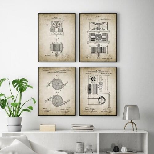 For Tesla Decor Electromagnetic Motor Vintage Generator Patent Canvas Prints Retro Engineering Poster Painting Engineer Gift
