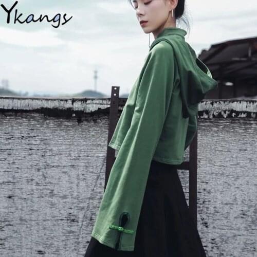 Chinese Style Flared Sleeve Short Hooded Pullover Y2k Loose Retro Women Sports Top New Casual All-match Ladies Long-sleeved Top