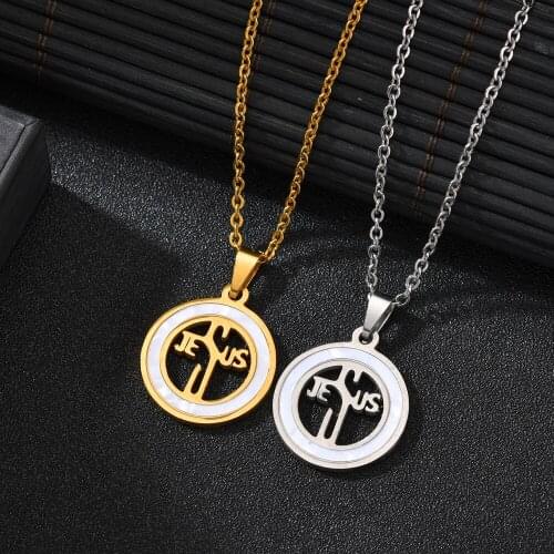 Creative personality Unisex round shell letter Jesus Cross Titanium Steel Pendant Stainless Steel Necklace