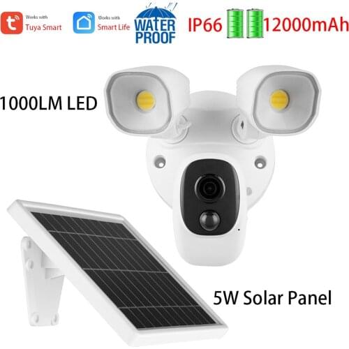 5W Solar Floodlight Camera Tuya 12000mAh Rechargeable Battery Spotlight Cloud Camera Outdoor IP66 1000LM LED Color Night Vision
