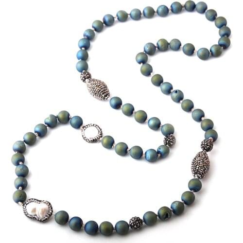 Fashion Blue Druzy Beads Knotted Handmake Paved Natural Stone and Freshwater Pearl Beads Necklace