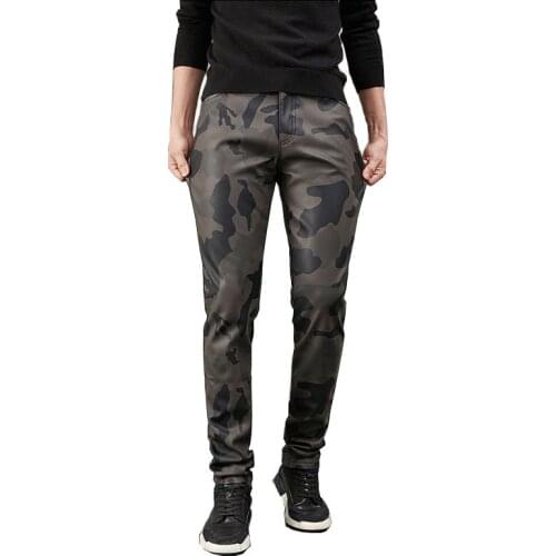 Mcikkny Men Camouflage Faux Leather Pants Printed Pu Leather Trousers Male Fashion Designer