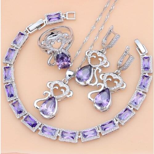 Bride 925 Silver Jewelry Sets Purple Amethyst Earrings Rings Fashion Accessories Wdding Monkey Necklace Set Dropshipping