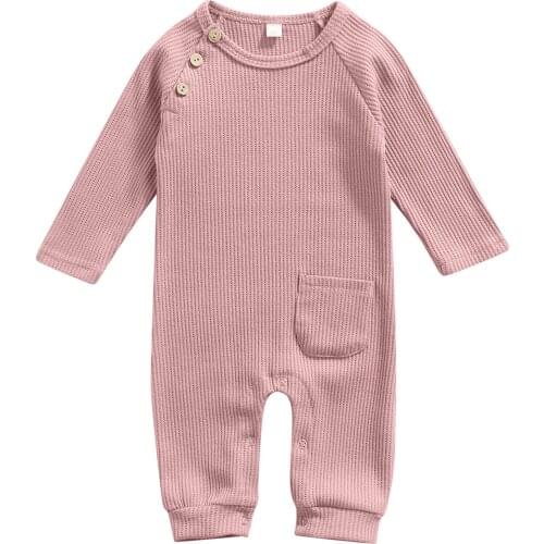 Clothes For Newborns Kids Romper Solid Color Long Sleeve Crew Neck Waffle Jumpsuit With Pocket Baby Boys Girls Clothes 0-24M