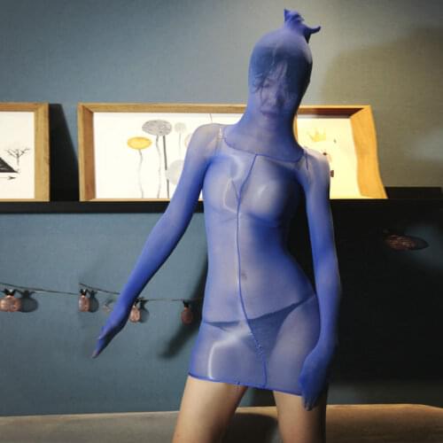 Sexy Oil Shiny Sheer Micro Mini Dress Bodystocking Bodycon Dress See Through Silk Bodysuit Bodyhose Glove Sleeve Candy Color