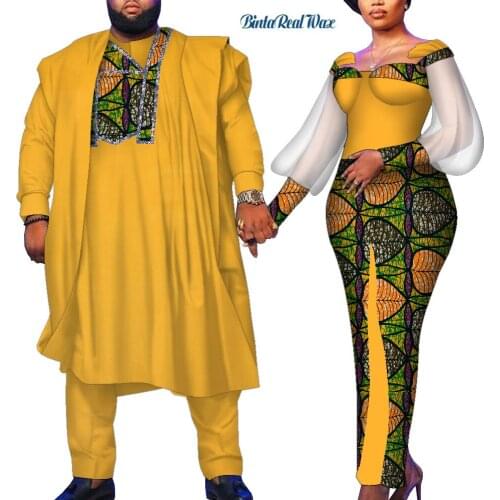 Vestidos African Couple Clothes African Dresses for Women Bazin Riche Long Dresses African Men Print Gown Top and Pants WYQ221