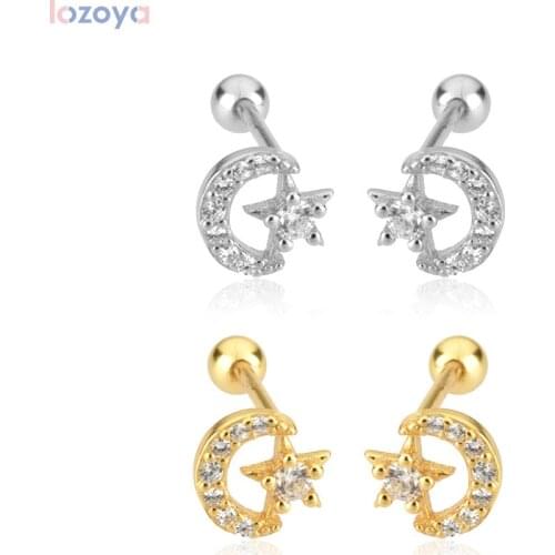 LOZOYA 925 Sterling Silver 2021 Clear Zircon Moon Stud Earring Piericng Clips Luxury Rock Punk Party Gift Valentiens Jewelry