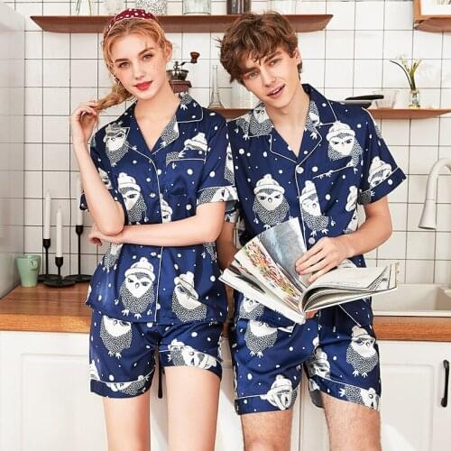 Short Sleeve Silk Pajamas Spring Autumn Sleepwear suit Men and Women casual Homewear lover Pajamas