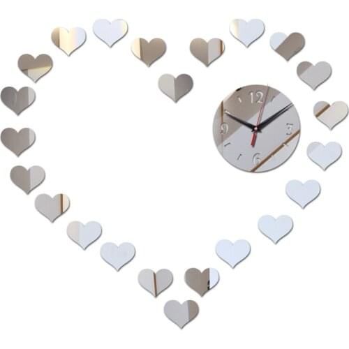 Hot sale mirror acrylic diy wall clocks heart decor wall stickers modern style needle quartz wall watches for living room