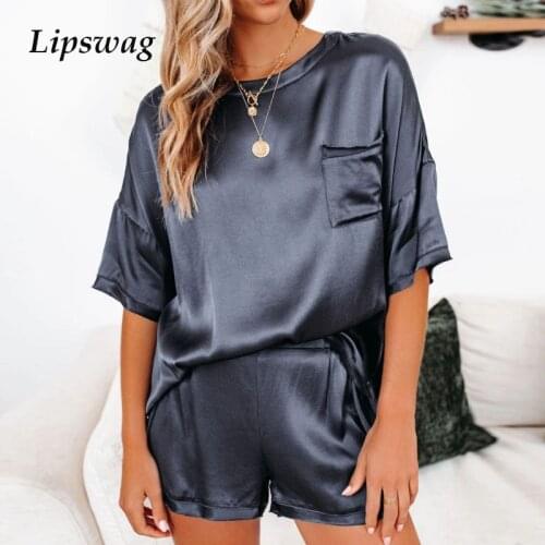 New Satin Silk Women 2 Piece Set Homewear Elegant O Neck Pullover Tops And Loose Shorts Home Suit 2021 Lady Spring Summer Pajama