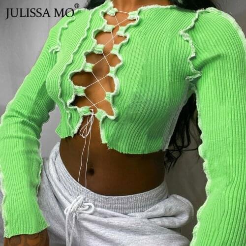 JULISSA MO Knitted Rib Slim Tank Tops Autumn New Hollow Bandage Sexy Crop Top 2020 Female Striped Patchwork Streetwear Vest Tee