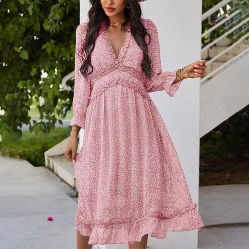 2021 Summer Women Dress Small Leopard Print Ruffle Leisure Lacework V Neck Lantern Sleeve Dress for Beach Boho Dresses
