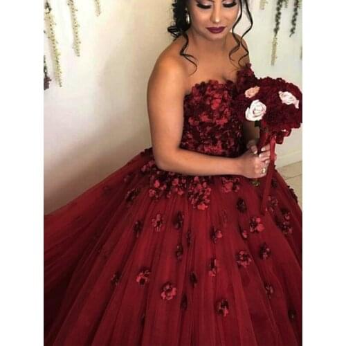 Custom-made Burgundy Wedding Party Dress Long Flowers Tulle Ball Gown Evening Dresses 2020 Lace-up Back Vestidos Largos de Noche