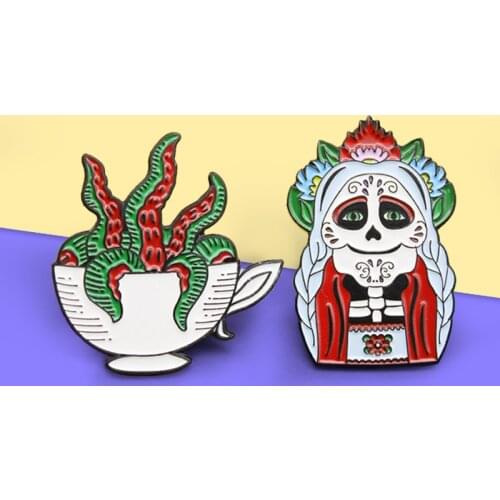 Halloween Badges Rose Skeleton Skull witch wizard Octopus Tentacles Teacup Enamel Pin Brooch Denim Shirt Lapel Gothic Jewelry