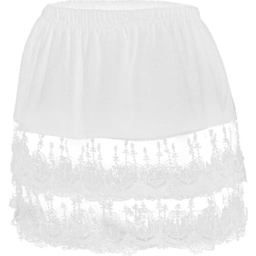40GC Women Solid Elastic Waist Layered Tiered Sheer Lace Trim Extender Mini Skirt