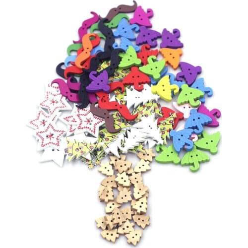 50PCS Mixed Natural Theme Tree Star Wooden Sewing Buttons 2 Holes DIY Crafts Scrapbook Clothes Gift Decor Knitting Accessories