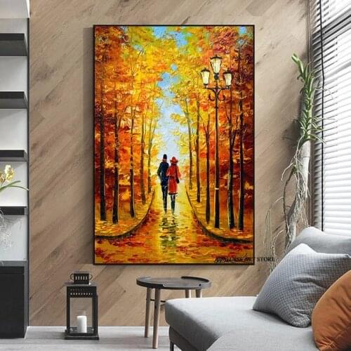 Abstract Lover Walking In Street Canvas Paintings on The Wall Posters and Prints Autumn Landscape Wall Pictures for Living Room