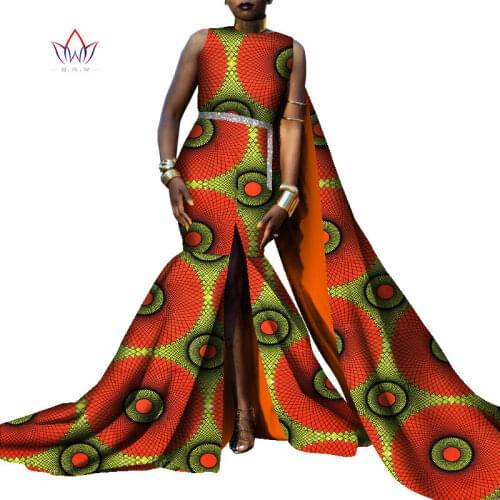 Bintarealwax Sleeveless Party Dress Dashiki Elegant Africa Style Clothing for Women Plus Size Floor- Length Dresses WY8794