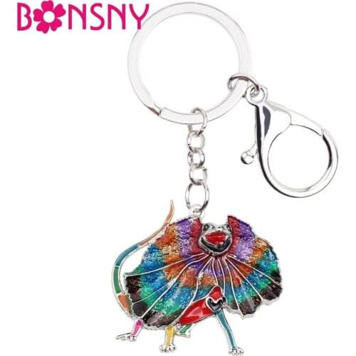 Bonsny Animal Enamel Australia Frilled lizard Key Chains Keyrings Gift For Women Girl Ladies Handbag Charms Fashion Jewelry Bulk