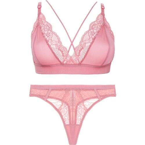 Pink sexy low cut cross strap bra wire free ladies ultra thin lace breathable comfortable plunge underwear with thong 2pcs CYHWR