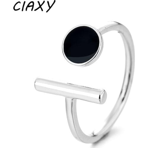 CIAXY 925 Sterling Silver Drip Glaze Black Rings for Women Geometric Design Opening Adjustable Ring Punk Jewelry