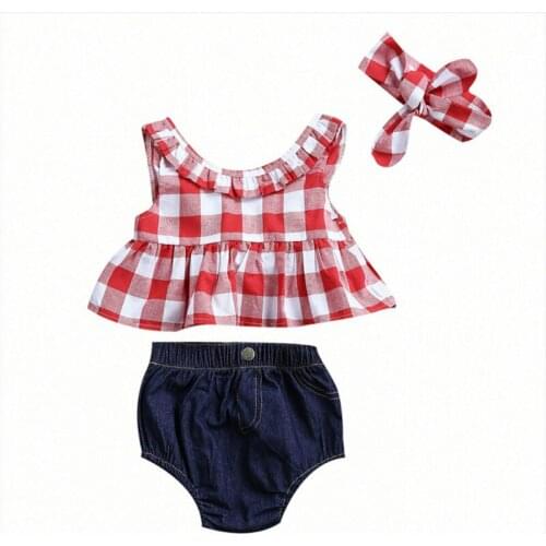 0-3Y Kids Baby Girls Toddler Cotton Plaid Ruffles Sleeveless Bowknot Blouse Tops+Denim Jeans Shorts Romper Hairband 3Pcs Outfits