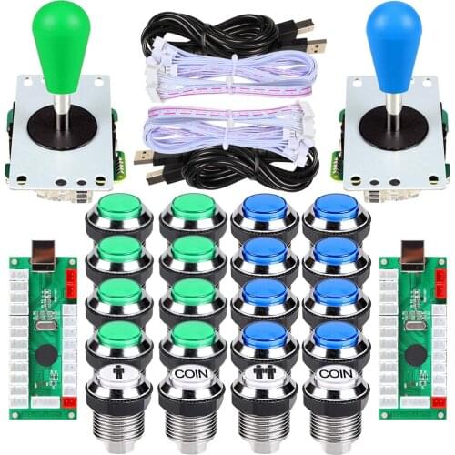 2 Player Ellipse Arcade Kit Standard Oval Bat Joystick Handles LED Chrome Buttons for Video Games Controllers Part Blue -Green