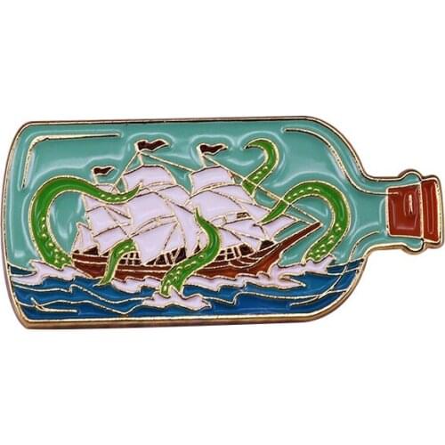 Release the Kraken Enamel Pin Ship in a Bottle Sea Wander Adventure Badges Fantasy Mythical Art Accessory