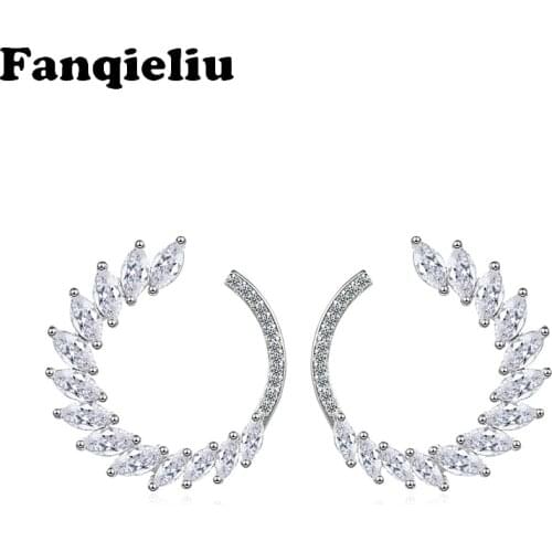Fanqieliu Anniversary Gift Sterling 925 Silver Earring Studs Trendy Shape C Leaf Crystal Stud Earrings For Women FQL20230