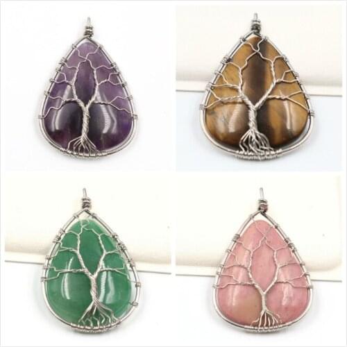 FYJS Unique Opalite Opal Jewelry Silver Plated Wire Wrap Tree of Life Water Drop Amethysts Stone Pendant