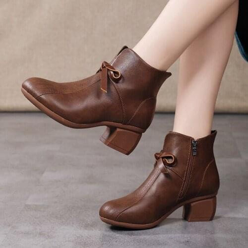 Splicing Artificial leather Classic Womens Boots For Spring Autumn 2021 Square Medium Heel Round Toe Ankle Zip Solid Shoes