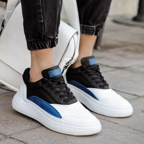 Chekich Mens Sneakers White and Black Color Lace Up Non Leather Summer Autumn Seasons Mixed Color Casual Vulcanized Material Blue Detail Orthopedic Comfortable Fashion Wedding Lightweight Breathable Trend CH115 V6