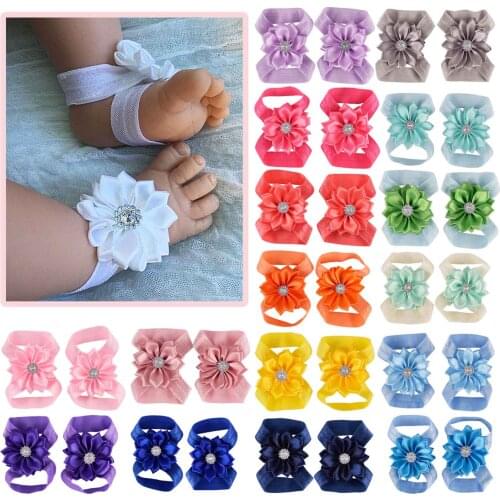 Nishine New 2pcs/pair Chic Satin Ribbon Flower Barefoot Sandals Baby Shower Gift Girls Newborn Toddler Kids Photo Props