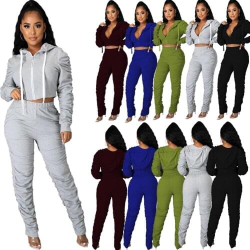 Solid Color Activewear Womens Tracksuit 2020 Autumn Fitness Zipper Ruched Long Sleeve Hooded Crop Top Stacked Pants 2 Piece Set