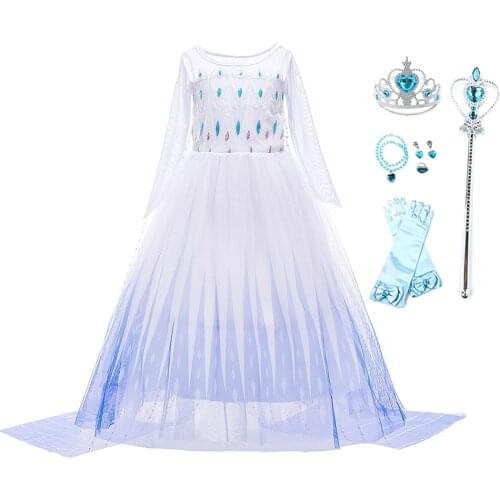 Little Girls Princess Dress Snow Queen Elsa Costume Christmas Birthday Party Disguise Kids Winter White Clothing With Wig Crown