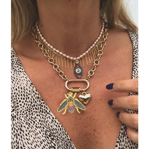 Charms pendant Beatles chunky links chain pave zircon Micro CZ full crystal stone Carabiner spiral buckle necklace women