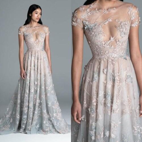 Luxury Prom Dresses Sheer Jewel Neck Lace Beads Appliques Formal Party Dress A Line Cap Sleeves Fairy Evening Gowns Long