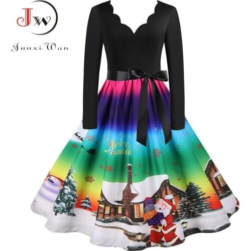 Christmas Dress Women Casual Vintage Patchwork Party New Year Santa Print Robe 50S 60S Rockabilly Swing Elegant Winter Vestidos