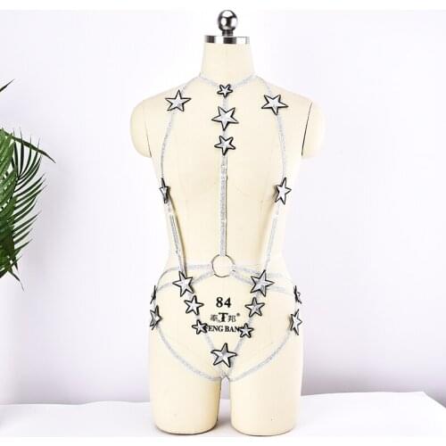 Silver star Full Body Harness Set for Women Underwear Strap Adjust Lingerie Goth Harajuku Sexy Hollow Out Cage Bra Club Dance