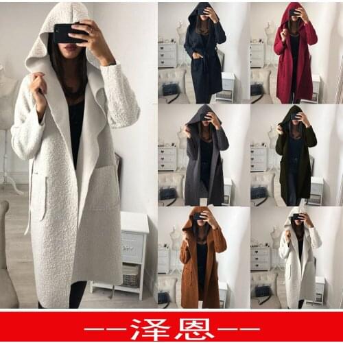 Hot Selling Hooded Loose Medium Length with Belt Woolen Coat Army Green Brown Trench Windbreaker